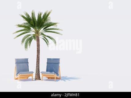 Albero di palma e due sedie da spiaggia su sfondo bianco. 3d rendering Foto Stock