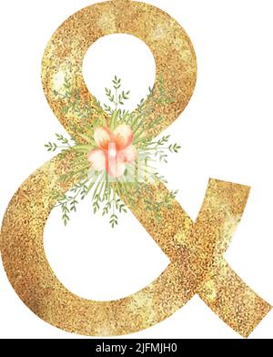 Lettera d'oro E dell'alfabeto inglese con un bouquet acquerello di foglie e fiori tropicali. Illustrazione vettoriale disegnata a mano. Illustrazione Vettoriale