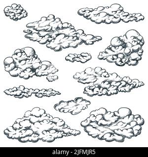 Nuvole morbide illustrazione vettoriale dello schizzo disegnata a mano. Elementi di design Sky isolati su sfondo bianco Illustrazione Vettoriale