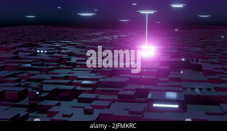 3d rendering di dischi volanti luminosi su futuristico paesaggio urbano. Foto Stock