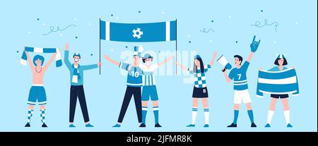 Gruppo di appassionati di sport. Ridere sport fan team, calcio cartoon cheers personaggi. Gli amici teenager piatti sostengono il calcio sulle persone vettoriali recenti dello stadio Illustrazione Vettoriale