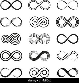 Simboli infiniti neri. Linea simbolo infinito, segno di turbolenza eternità. Icone isolate del loop mobius, elementi inesauribili per la progettazione. Geometrico illimitato Illustrazione Vettoriale