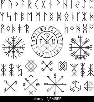 Futhark viking norse. Icone di disegno runico, vecchio segno di mistero. Simboli antichi magici per il gioco o il tatuaggio. Mitologia nordica, collezione di vettori celtici ordinati Illustrazione Vettoriale