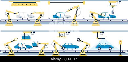 Fabbrica di automobili. Industria automobilistica, automazione dei trasportatori con tecnologia robotica. Montaggio automatico e trasporto. Produzione aziendale piatta intelligente Illustrazione Vettoriale