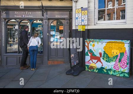 Murale su BT utility box, Wyle Cop, Shrewsbury, Shropshire Foto Stock