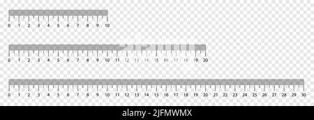 Set di scale righello. Strumento di misurazione. Righello 10, 20, 30 cm. Illustrazione vettoriale isolata su sfondo trasparente Illustrazione Vettoriale