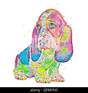 Un ritratto di illustrazione del cane triste Basset Hound colorato su sfondo bianco Foto Stock