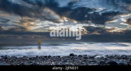 Ault Onival, plage au coucher de soleil. Foto Stock