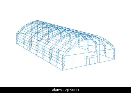 Tenda industriale temporanea 3D. Costruzione di fienile struttura a reticolo. Appendino di deposito di teloni di tenda. Sala galleria di esposizione commerciale. Distribuzione della produzione in fabbrica o concetto di stoccaggio. eps vettoriale Illustrazione Vettoriale