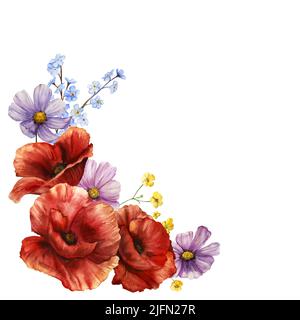 Acquerello illustrazione di fiori rossi selvatici isolato. Immagine decorativa disegnata a mano di fiori di bouquet. Composizione angolo Foto Stock