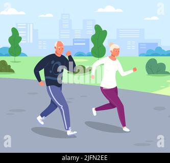 Persone anziane che jogging. Anziani maratona running nel parco della città, cardio sport anziano esercizio fitness, sana pensione nonno nonno nonna, illustrazione vettoriale. Maratona lifestyle jogging Illustrazione Vettoriale