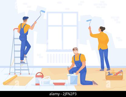 Team di riparazione della vernice. Intonaco decorativo di riparazione della stanza della casa, maestro artigiano rinnova appartamento putty muro, processo di manutenzione costruttore riparatori felici su scala, vettore swanky Illustrazione Vettoriale