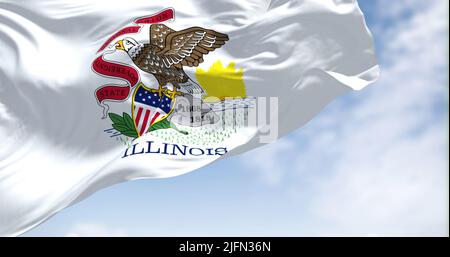 La bandiera di stato degli Stati Uniti dell'Illinois sventola nel vento. L'Illinois è uno stato della regione del Midwest degli Stati Uniti. Democrazia e indipendenza. Foto Stock