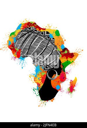 Concetto di donna africana, profilo viso silhouette con turbante a forma di mappa dell'Africa. Modello colorato con logo in splash con stampa afro tribale. Illustrazione Vettoriale