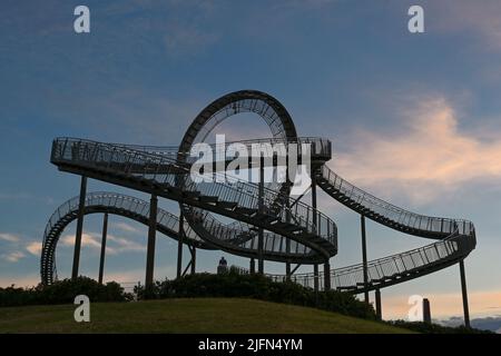 Scultura di montagne russe di tartaruga e tigre passabile su Magic Mountain contro un cielo blu scuro con nuvole di rose, installazione d'arte e punto di riferimento in Angerp Foto Stock