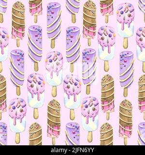 Gelato su un bastone, ghiacciata pop-sicle con pasta spolverata su sfondo rosa. Illustrazione dell'acquerello. Modello senza giunture da un grande set DI GHIACCIO Foto Stock