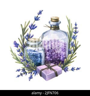 Cosmetici per fare un bagno, sale marino e sapone con fiori di lavanda. Illustrazione dell'acquerello. La composizione di un grande set di lavanda SPA. Per Foto Stock