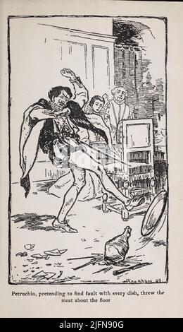 Petruchio, fingendo di trovare la colpa di ogni piatto, gettò la carne sul pavimento dal Taming of the Shrew Engraving con la raffigurazione del libro 'Tales from Shakespeare' di Charles e Mary Lamb, illustrato da Arthur Rackham, Data di pubblicazione 1908 Editore Londra : J.M. Dent & Co. ; New York : E.P. Dutton & Co Foto Stock