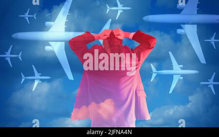 Crisi dell'industria di AirTravel e ritardi di volo o annullamento di viaggio all'aeroporto come un viaggiatore d'affari di avation o una compagnia aerea turistica di mal di testa Foto Stock