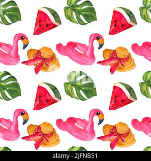 foglia di mostera verde, succosa pezzo di anguria, cappello da donna con arco rosa, cerchio da nuoto con fenicotteri rosa. disegno a mano, motivo senza cuciture Foto Stock