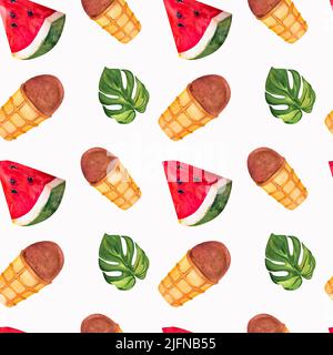 foglia di monstera tropicale, succosa pezzo di cocomero d'acqua, gelato al cioccolato in una tazza di waffle, acquerello botanico senza cuciture motivo, disegnato a mano. Perfetto per Foto Stock