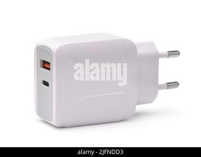 Connettore maschio per blocco caricabatteria da parete tipo C e tipo A a doppia porta USB rapida isolato su bianco Foto Stock