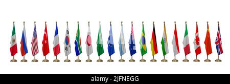 Vertice del G20, concetto del vertice o incontro del G20, elenco dei paesi membri del G20, Gruppo di venti membri, isolato su sfondo bianco, 3D illustri Foto Stock