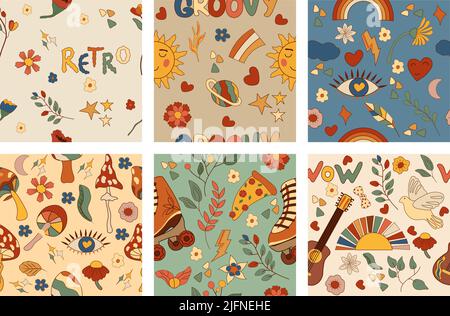 Retrò positivo senza cuciture 70s, con arcobaleni colorati, foglie e fiori, occhi, funghi, pattino a rotelle ed altri elementi di grovy. Modelli psichedelici in stile vintage. Illustrazione vettoriale. Illustrazione Vettoriale