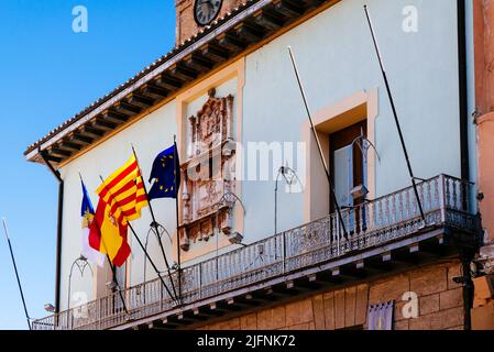 Balcone del comune di Calatayud. Plaza de España o Plaza del Mercado, Piazza del mercato, di origine medievale anche se le case attuali con loro Foto Stock