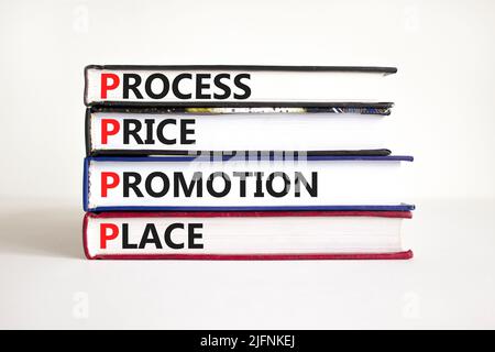 Simbolo del luogo di promozione del prezzo di processo PPPP. Concetto parole PPPP processo prezzo promozione luogo su libri su bello sfondo bianco. Business e PPPP Foto Stock