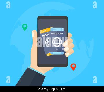 Biglietti aerei per smartphone, passaporto telefonico, logo. Sito web fornire un sistema di prenotazione modish. Design vettoriale di concetto di tecnologia di viaggio. Illustrazione Vettoriale
