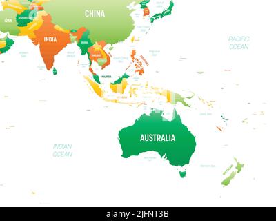 Australia e Sud-est asiatico Mappa politica dettagliata con le labili Illustrazione Vettoriale