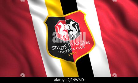 Bandiera della squadra di calcio francese. Movimento. 3D sfondo con bandiera ondulata e logo della squadra di calcio della Francia. Logo del club calcistico francese Rennes Foto Stock