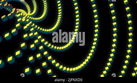 Spostamento del flusso di linee dai quadrati. Design. Le linee curve dei quadrati si spostano nello spazio. 3D cubi si muovono in un soffitto curvo di linee su sfondo nero Foto Stock