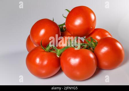 Pomodori tagliati pomodori tagliati sulla vite - pomodoro rosso maturo - pomodori sfondo bianco topatos Solanum lycopersicum Foto Stock