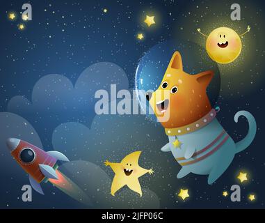 Carino cane astronauta Flying in Space Kids Wallpaper Illustrazione Vettoriale