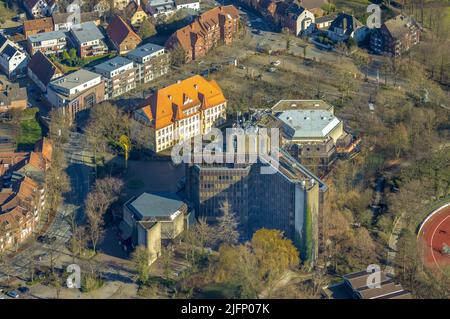 Vista aerea, municipio, municipio e biblioteca pubblica, Ahlen, zona della Ruhr, Renania settentrionale-Vestfalia, Germania, Authority, DE, Europe, vista aerea, antenna ph Foto Stock