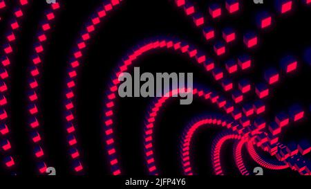 Spostamento del flusso di linee dai quadrati. Design. Le linee curve dei quadrati si spostano nello spazio. 3D cubi si muovono in un soffitto curvo di linee su sfondo nero Foto Stock