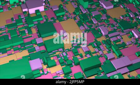 Cubi colorati sullo schema. Movimento. Astratto 3D pianta della città con cubi colorati. Proiezione di colorato 3D spazio di microchip o piano della città Foto Stock