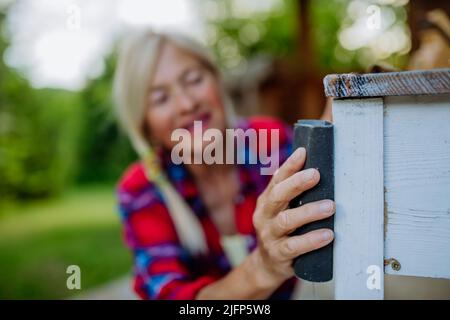 Donna anziana pulizia e ristrutturazione di mobili da giardino e preparare il giardino per l'estate Foto Stock