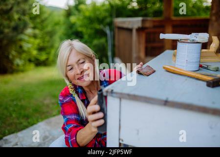 Donna anziana pulizia e ristrutturazione di mobili da giardino e preparare il giardino per l'estate Foto Stock