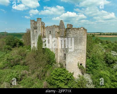 Veduta aerea ravvicinata del castello di Passy Les Tours costruito su un piano barlong di circa 50 m su ciascun lato fiancheggiato da quattro torri rotonde e un mastio Foto Stock