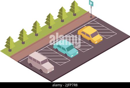 Composizione isometrica del Road set con vista dell'area di parcheggio con alberi di auto e segnaletica stradale illustrazione vettoriale Illustrazione Vettoriale