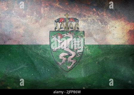 Vista dall'alto della bandiera retrò Stiria Austria con grana grunge. Viaggio austriaco e patriota concetto. Nessun flagpole. Layout del piano, progettazione. Contrassegna sfondo Foto Stock