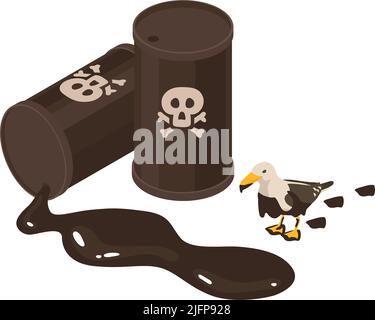 Composizione isometrica dell'inquinamento dell'oceano dell'acqua con immagini di contenitori di rifiuti tossici con filettature di olio su sfondo bianco illustrazione vettoriale Illustrazione Vettoriale