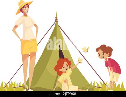 Composizione Safari con personaggi in stile tenda e barbatella di madre e due bambini con illustrazione vettoriale delle farfalle Illustrazione Vettoriale