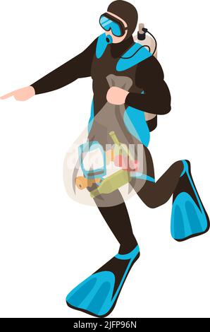 Composizione isometrica dell'inquinamento dell'oceano dell'acqua con carattere isolato di illustrazione del vettore di raccolta dei rifiuti da parte di un subacqueo dotato di pelle Illustrazione Vettoriale