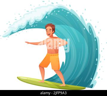 Summer Water sport cartoon composizione con carattere di uomo in piedi su tavola da surf con onda vettore illustrazione Illustrazione Vettoriale