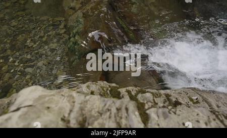 Piccola cascata nel River.Creative. Gorgogliando acqua limpida che corre sopra le rocce. Foto Stock