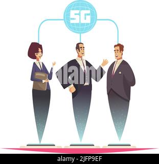 5g composizione di tecnologia del internet con i caratteri isolati di illustrazione del vettore di conferenza dei lavoratori di affari olografici di video Illustrazione Vettoriale